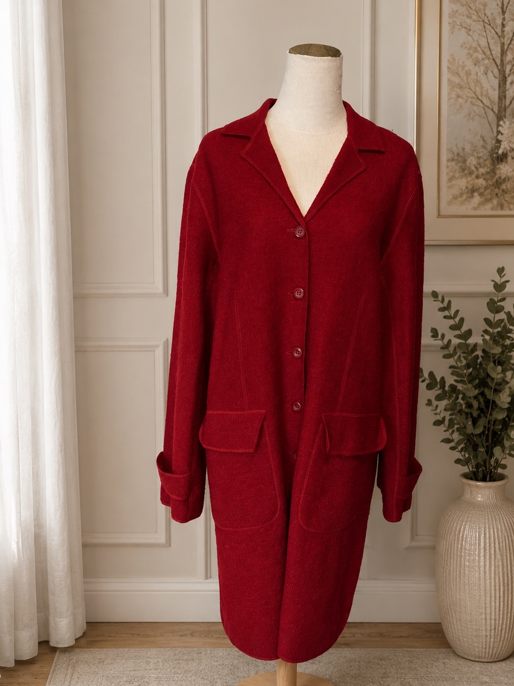 Vtg Jones New York Country Long Wool Sweater Coat Large L Red